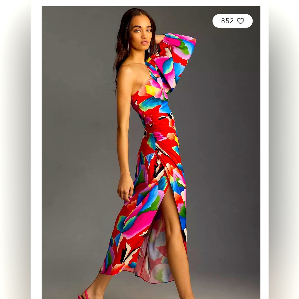 Farm Rio One-Shoulder Slim Floral Midi Dress